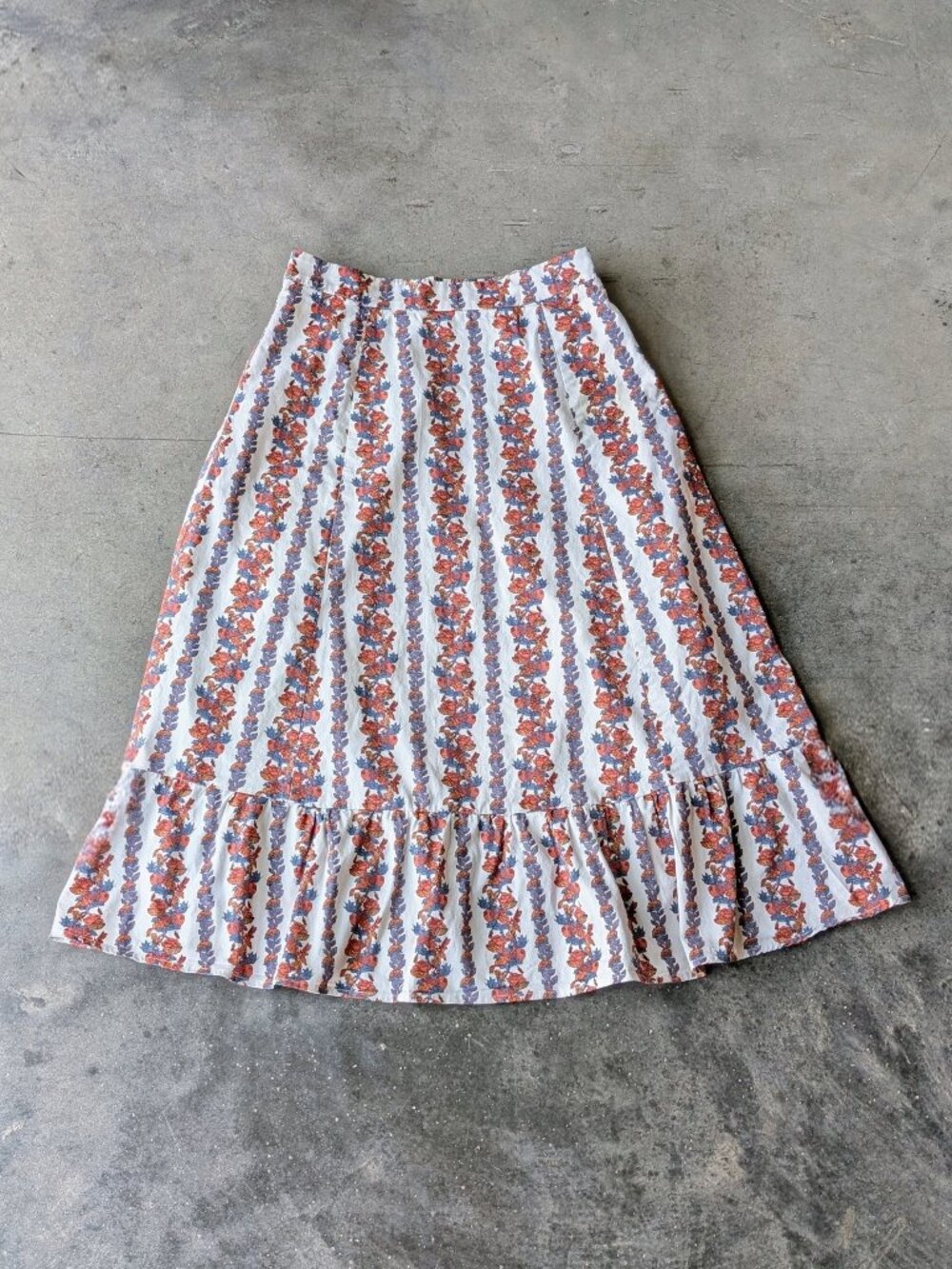 O.P.T. White Autumn Floral Striped Cotton Ruffle Midi Skirt small - Picture 3 of 9